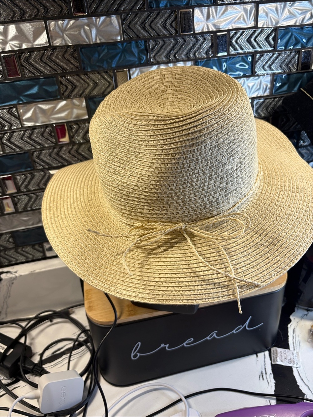 Style & Co. Beige Straw Sun Hat with Tie Bow